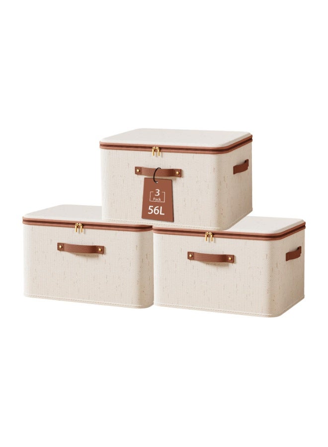 LODROC 3 Pcs Storage Bins with Zipper Lid, Cotton Linen Fabric Storage Boxes, Foldable Shelves Clothes Storage Cubes with Handles for Wardrobe, Closet(Beige, 56L) - Image 1